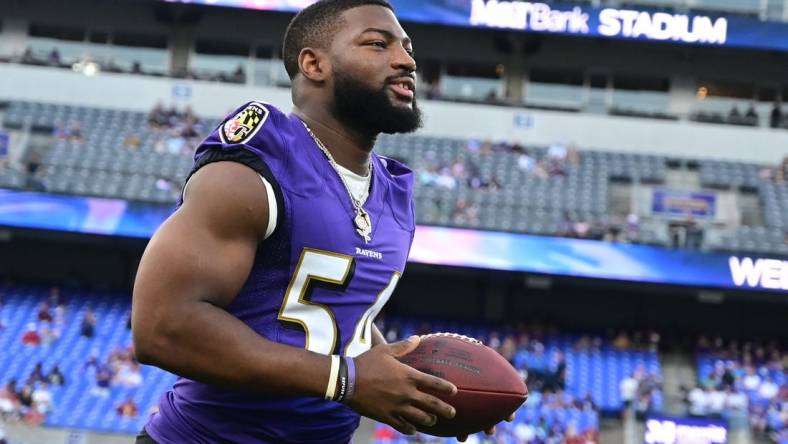 Aug 27, 2022; Baltimore, Maryland, USA;  Baltimore Ravens linebacker Tyus Bowser (54) runs across the field during the first quarter against the Washington Commanders at M&T Bank Stadium. Mandatory Credit: Tommy Gilligan-USA TODAY Sports