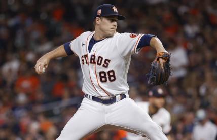 Aug 27, 2022; Houston, Texas, USA; Houston Astros relief pitcher Phil Maton (88) delivers a pitch during the seventh inning against the Baltimore Orioles at Minute Maid Park. Mandatory Credit: Troy Taormina-USA TODAY Sports