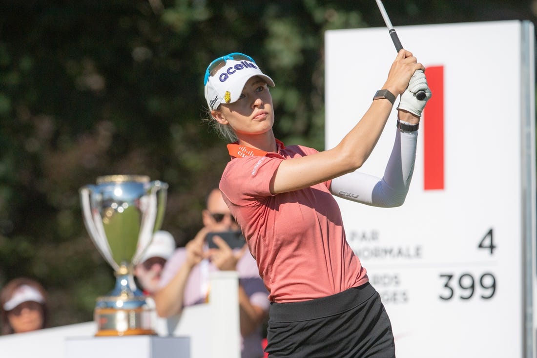 Nelly Korda from the United States tees off from the 1st hole during the final round of the CP Women's Open golf tournament.