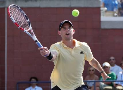 Aug 29, 2022; Flushing, NY, USA;  Dominic Thiem of Austria during his match against Pablo Carreno Busta of Spain on day one of the 2022 U.S. Open tennis tournament at USTA Billie Jean King National Tennis Center. Mandatory Credit: Jerry Lai-USA TODAY Sports