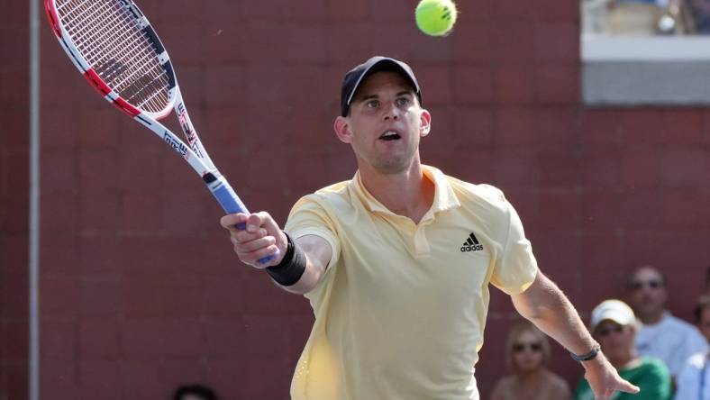 Aug 29, 2022; Flushing, NY, USA;  Dominic Thiem of Austria during his match against Pablo Carreno Busta of Spain on day one of the 2022 U.S. Open tennis tournament at USTA Billie Jean King National Tennis Center. Mandatory Credit: Jerry Lai-USA TODAY Sports