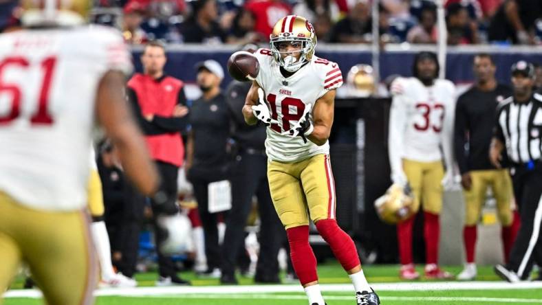 Aug 25, 2022; Houston, Texas, USA;  San Francisco 49ers wide receiver Willie Snead IV (18) catches a pass during the second half against the Houston Texans at NRG Stadium. Mandatory Credit: Maria Lysaker-USA TODAY Sports