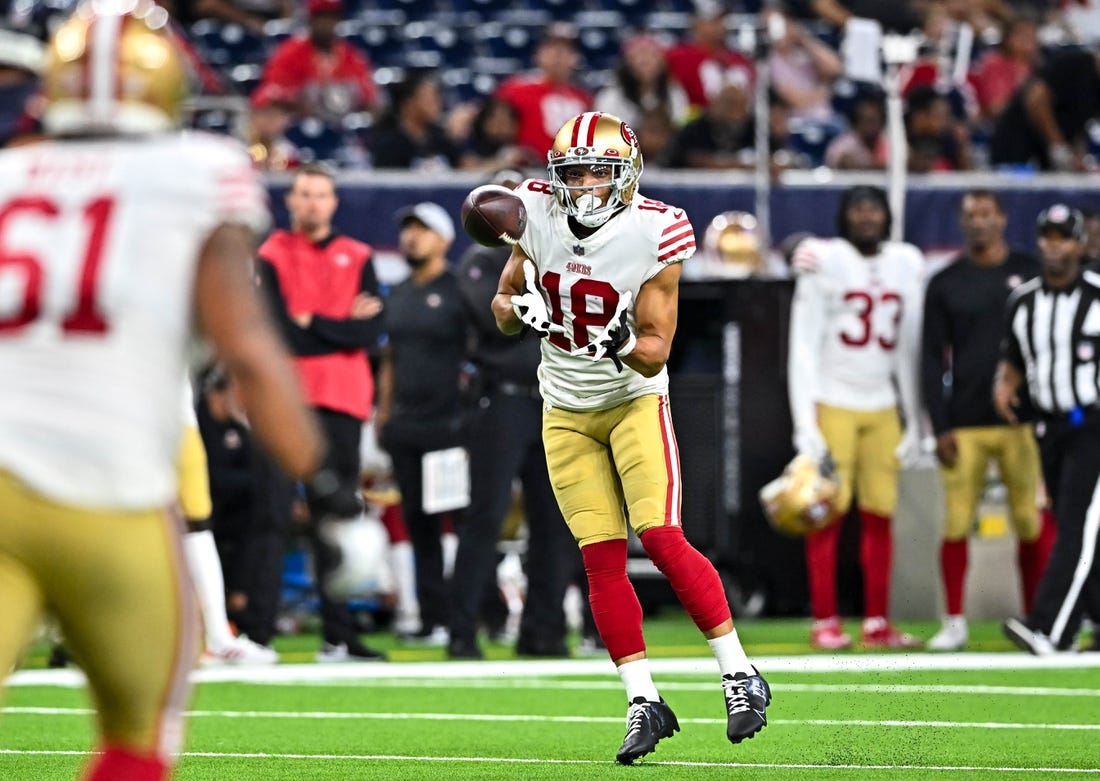 Aug 25, 2022; Houston, Texas, USA;  San Francisco 49ers wide receiver Willie Snead IV (18) catches a pass during the second half against the Houston Texans at NRG Stadium. Mandatory Credit: Maria Lysaker-USA TODAY Sports