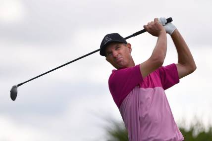 Steven Alker tees off on the 17th hole during the second round of the TimberTech Championship at The Old Course at Broken Sound, Boca Raton, FL. Saturday, Nov. 6, 2021. [JIM RASSOL/palmbeachpost.com]