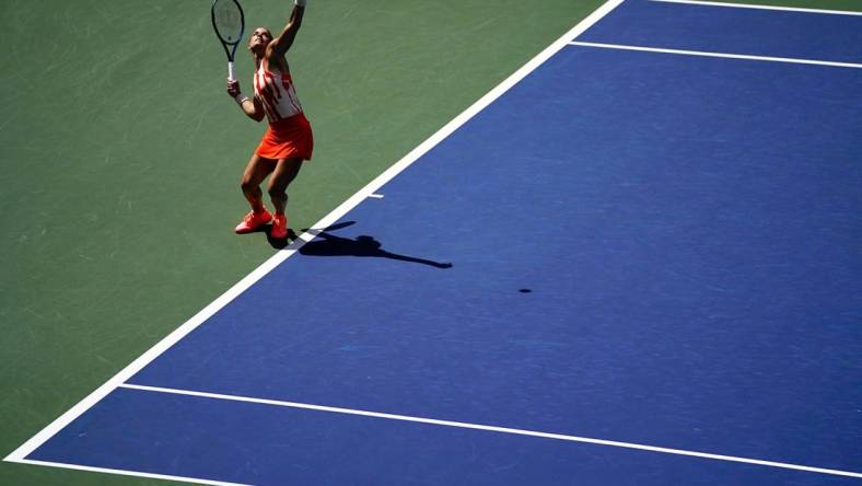 Aug 31, 2022; Flushing, NY, USA; Maria Sakkari of Greece serves to Xiyu Wang of China on day three of the 2022 U.S. Open tennis tournament at USTA Billie Jean King Tennis Center. Mandatory Credit: Danielle Parhizkaran-USA TODAY Sports