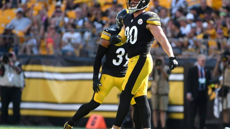 Aug 28, 2022; Pittsburgh, Pennsylvania, USA;  Pittsburgh Steelers linebacker T.J. Watt (90) celebrates a tackle against the Detroit Lions during the first quarter at Acrisure Stadium. Mandatory Credit: Philip G. Pavely-USA TODAY Sports