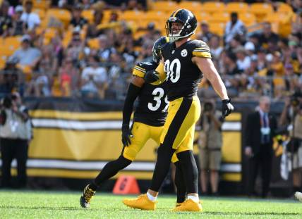 Aug 28, 2022; Pittsburgh, Pennsylvania, USA;  Pittsburgh Steelers linebacker T.J. Watt (90) celebrates a tackle against the Detroit Lions during the first quarter at Acrisure Stadium. Mandatory Credit: Philip G. Pavely-USA TODAY Sports
