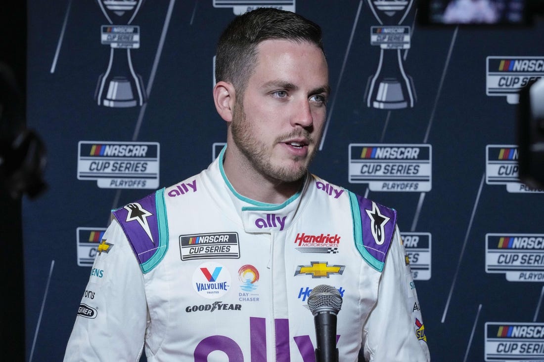 Sep 1, 2022; Charlotte, NC, USA; NASCAR Cup Series driver Alex Bowman (48) talks with the media during the NASCAR Cup Series Playoff Media Day at Charlotte Convention Center. Mandatory Credit: Jim Dedmon-USA TODAY Sports