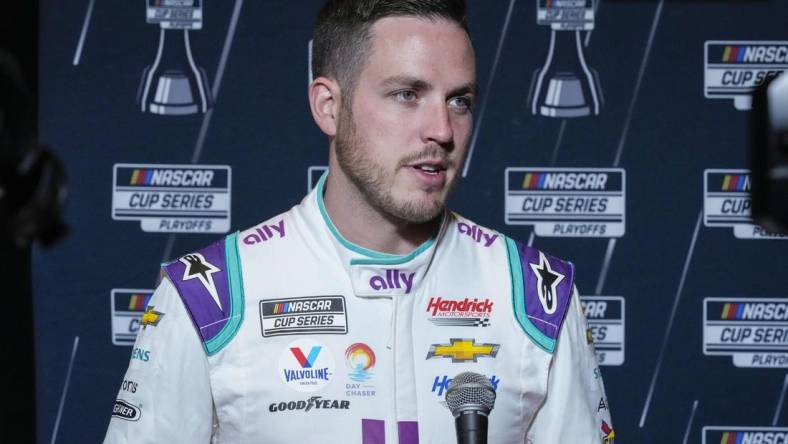 Sep 1, 2022; Charlotte, NC, USA; NASCAR Cup Series driver Alex Bowman (48) talks with the media during the NASCAR Cup Series Playoff Media Day at Charlotte Convention Center. Mandatory Credit: Jim Dedmon-USA TODAY Sports