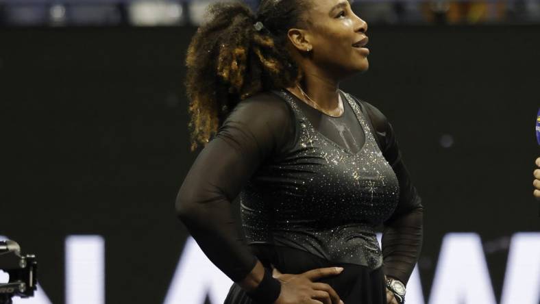 Sep 2, 2022; Flushing, NY, USA; Serena Williams (USA) stands on the court after her match against Ajla Tomljanovic (AUS) (not pictured) on day five of the 2022 U.S. Open tennis tournament at USTA Billie Jean King Tennis Center. Mandatory Credit: Geoff Burke-USA TODAY Sports