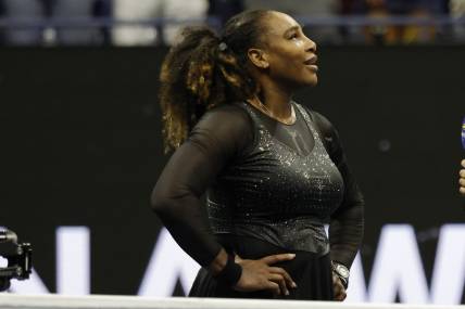 Sep 2, 2022; Flushing, NY, USA; Serena Williams (USA) stands on the court after her match against Ajla Tomljanovic (AUS) (not pictured) on day five of the 2022 U.S. Open tennis tournament at USTA Billie Jean King Tennis Center. Mandatory Credit: Geoff Burke-USA TODAY Sports