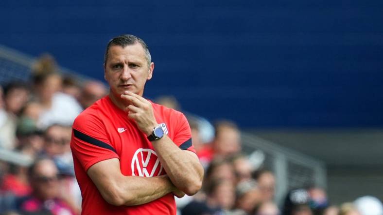 Sep 3, 2022; Kansas City, Kansas, USA; United States head coach Vlatko Andonovski watches the action during the first half against Nigeria at Children s Mercy Park. Mandatory Credit: Jay Biggerstaff-USA TODAY Sports