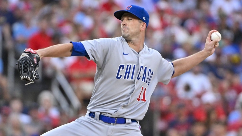 Sep 3, 2022; St. Louis, Missouri, USA;  Chicago Cubs starting pitcher Drew Smyly (11) pitches against the St. Louis Cardinals during the first inning at Busch Stadium. Mandatory Credit: Jeff Curry-USA TODAY Sports
