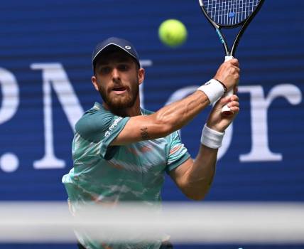 Sept 4, 2022; Flushing, NY, USA;  Corentin Moutet of France hits to Casper Ruud of Norway on day seven of the 2022 U.S. Open tennis tournament at USTA Billie Jean King National Tennis Center. Mandatory Credit: Robert Deutsch-USA TODAY Sports