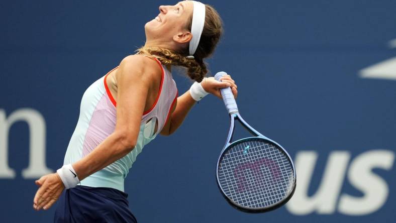 Sep 5, 2022; Flushing, NY, USA; Victoria Azarenka serves to Karolina Pliskova of Czech Republic on day eight of the 2022 U.S. Open tennis tournament at USTA Billie Jean King Tennis Center. Mandatory Credit: Danielle Parhizkaran-USA TODAY Sports