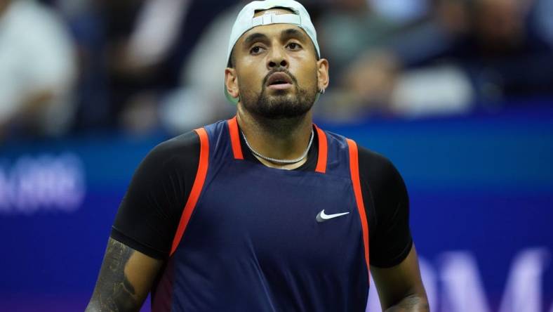 Sep 6, 2022; Flushing, NY, USA; Nick Kyrgios of Australia reacts during a match against Karen Khachanov (not pictured) on day nine of the 2022 U.S. Open tennis tournament at USTA Billie Jean King Tennis Center. Mandatory Credit: Danielle Parhizkaran-USA TODAY Sports