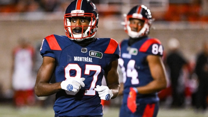 Sep 2, 2022; Montreal, Quebec, CAN; Montreal Alouettes wide receiver Eugene Lewis (87) runs on the field during the third quarter at Percival Molson Memorial Stadium. Mandatory Credit: David Kirouac-USA TODAY Sports