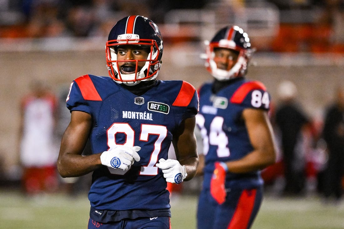 Sep 2, 2022; Montreal, Quebec, CAN; Montreal Alouettes wide receiver Eugene Lewis (87) runs on the field during the third quarter at Percival Molson Memorial Stadium. Mandatory Credit: David Kirouac-USA TODAY Sports