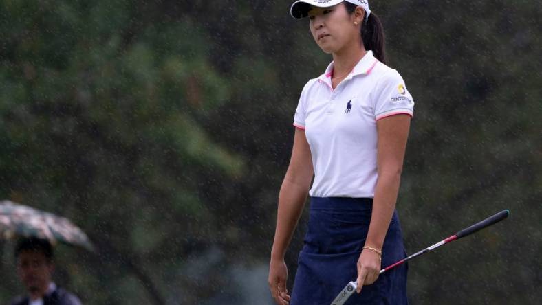 Andrea Lee reacts to her putt on hole one of the Kendale Course during the final round of the Kroger Queen City Championship presented by P&G at the Kenwood Country Club in Madeira on Sunday, Sept. 11, 2022.

Lpga Queen City Championship 0154