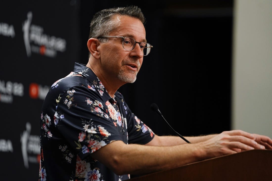 Sep 11, 2022; Las Vegas, Nevada, USA; Connecticut Sun head coach Curt Miller answers questions to the media prior to game one of the 2022 WNBA Finals at Michelob Ultra Arena. Mandatory Credit: Lucas Peltier-USA TODAY Sports