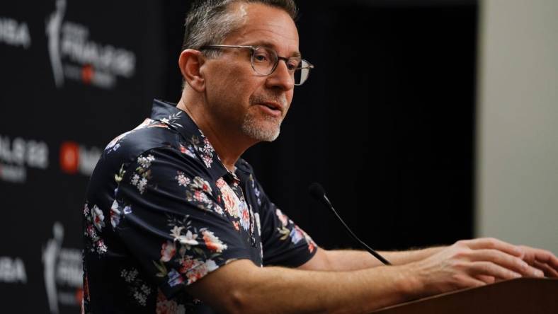 Sep 11, 2022; Las Vegas, Nevada, USA; Connecticut Sun head coach Curt Miller answers questions to the media prior to game one of the 2022 WNBA Finals at Michelob Ultra Arena. Mandatory Credit: Lucas Peltier-USA TODAY Sports