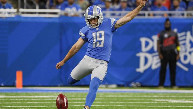 Sep 11, 2022; Detroit, Michigan, USA;  Detroit Lions place kicker Austin Seibert (19) kicks off the ball against Philadelphia Eagles during the first half at Ford Field. Mandatory Credit: Junfu Han-USA TODAY Sports