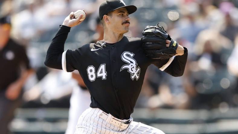 Sep 14, 2022; Chicago, Illinois, USA; Chicago White Sox starting pitcher Dylan Cease (84) delivers against the Colorado Rockies during the second inning at Guaranteed Rate Field. Mandatory Credit: Kamil Krzaczynski-USA TODAY Sports