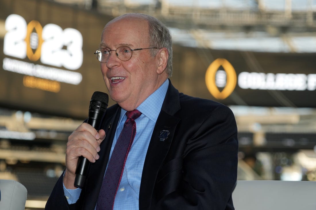 Sep 14, 2022; Inglewood, California, US; College Football Playoff executive director Bill Hancock attends the Jimmy Kimmel LA Bowl Kickoff event at SoFi Stadium. Mandatory Credit: Kirby Lee-USA TODAY Sports