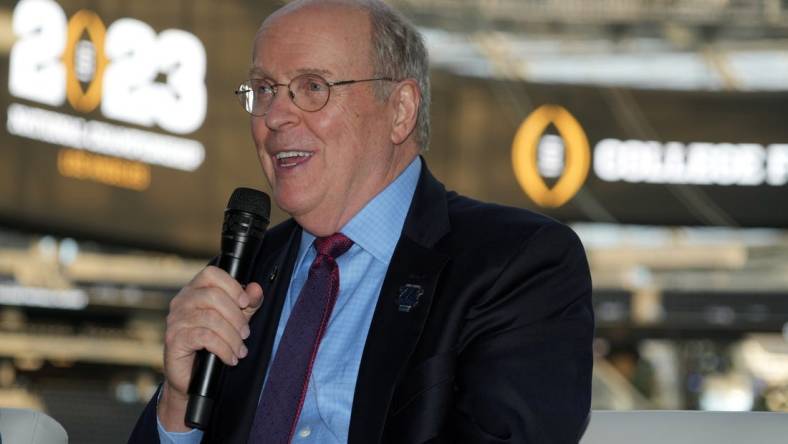 Sep 14, 2022; Inglewood, California, US; College Football Playoff executive director Bill Hancock attends the Jimmy Kimmel LA Bowl Kickoff event at SoFi Stadium. Mandatory Credit: Kirby Lee-USA TODAY Sports