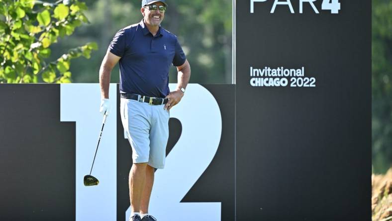 Sep 16, 2022; Chicago, Illinois, USA; Phil Mickelson waits to tee off from the 12th tee box during the first round of a LIV Golf tournament at Rich Harvest Farms. Mandatory Credit: Jamie Sabau-USA TODAY Sports