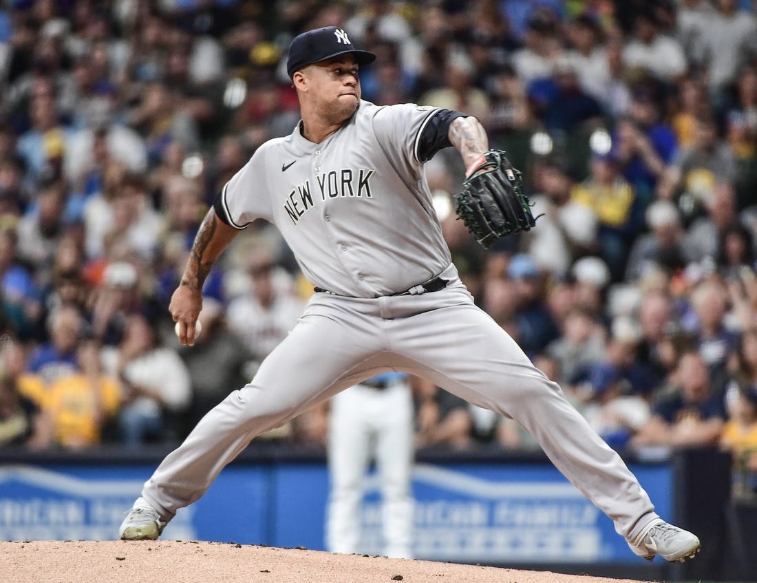 Sep 16, 2022; Milwaukee, Wisconsin, USA; New York Yankees pitcher Frankie Montas (47) throws a pitch in the first inning against the Milwaukee Brewers at American Family Field. Mandatory Credit: Benny Sieu-USA TODAY Sports