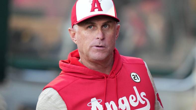 Sep 16, 2022; Anaheim, California, USA; Los Angeles Angels interim manager Phil Nevin reacts during the game against the Seattle Mariners at Angel Stadium. Mandatory Credit: Kirby Lee-USA TODAY Sports