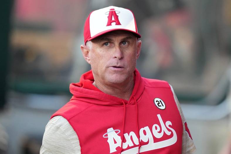 Sep 16, 2022; Anaheim, California, USA; Los Angeles Angels interim manager Phil Nevin reacts during the game against the Seattle Mariners at Angel Stadium. Mandatory Credit: Kirby Lee-USA TODAY Sports