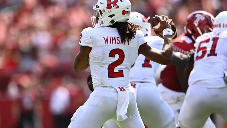 Sep 17, 2022; Philadelphia, Pennsylvania, USA; Rutgers Scarlet Knights quarterback Gavin Wimsatt (2) throws a pass against the Temple Owls in the first half at Lincoln Financial Field. Mandatory Credit: Kyle Ross-USA TODAY Sports