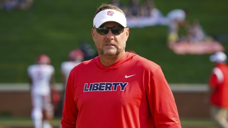 Sep 17, 2022; Winston-Salem, North Carolina, USA;  Liberty Flames head coach Hugh Freeze looks on against the Wake Forest Demon Deacons before the game at Truist Field. Mandatory Credit: James Guillory-USA TODAY Sports
