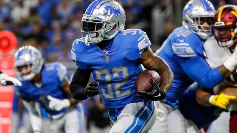 Detroit Lions running back D'Andre Swift runs the ball against the Washington Commanders during the first half at Ford Field, Sept. 18, 2022.

Nfl Washington Commanders At Detroit Lions