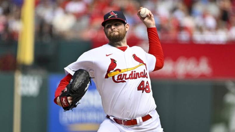 Sep 18, 2022; St. Louis, Missouri, USA;  St. Louis Cardinals starting pitcher Jordan Montgomery (48) pitches against the Cincinnati Reds during the first inning at Busch Stadium. Mandatory Credit: Jeff Curry-USA TODAY Sports