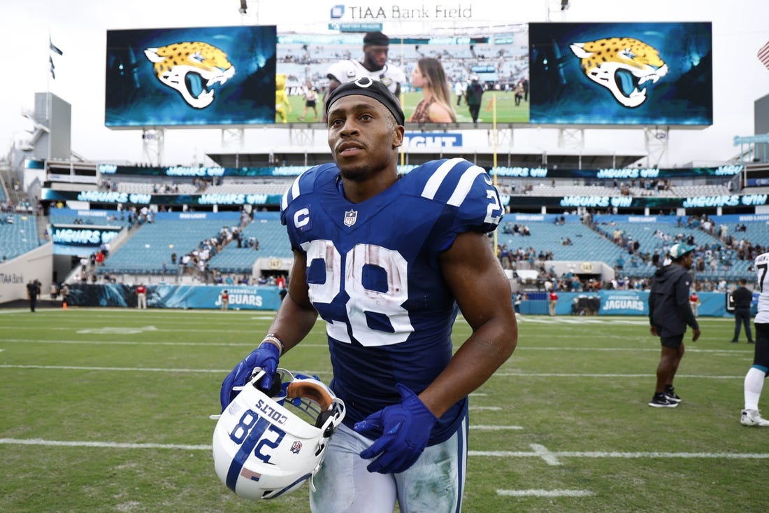 Sep 18, 2022; Jacksonville, Florida, USA; Indianapolis Colts running back Jonathan Taylor (28) runs off the field after the Indianapolis Colts are defeated by the Jacksonville Jaguars at TIAA Bank Field. Mandatory Credit: Douglas DeFelice-USA TODAY Sports