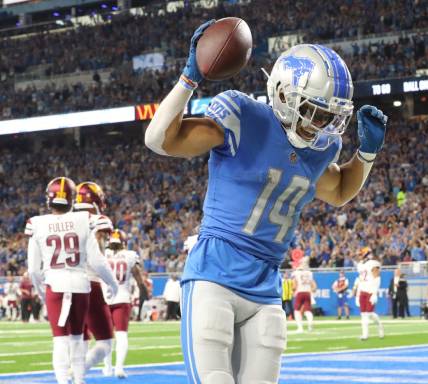 Detroit Lions wide receiver Amon-Ra St. Brown celebrates his touchdown catch against the Washington Commanders during the first half at Ford Field, Sept. 18, 2022.

Nfl Washington Commanders At Detroit Lions