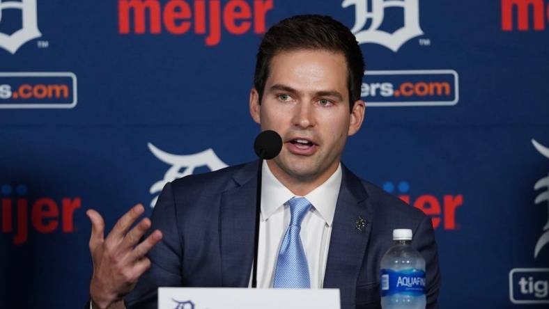 Tigers' new president of baseball operations Scott Harris speaks during his introductory news conference Tuesday, Sept. 20, 2022 at Comerica Park in downtown Detroit.