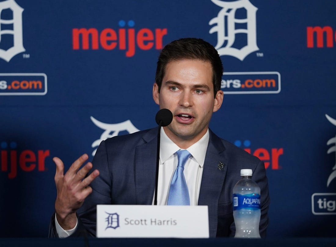 Tigers' new president of baseball operations Scott Harris speaks during his introductory news conference Tuesday, Sept. 20, 2022 at Comerica Park in downtown Detroit.