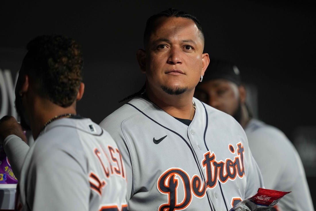Sep 20, 2022; Baltimore, Maryland, USA; Detroit Tigers first baseman Miguel Cabrera (24) prior to the game against the Baltimore Orioles at Oriole Park at Camden Yards. Mandatory Credit: Mitch Stringer-USA TODAY Sports