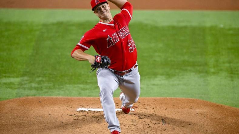 Sep 21, 2022; Arlington, Texas, USA; Los Angeles Angels starting pitcher Tucker Davidson (32) pitches against the Texas Rangers during the first inning at Globe Life Field. Mandatory Credit: Jerome Miron-USA TODAY Sports