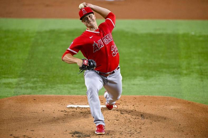 Sep 21, 2022; Arlington, Texas, USA; Los Angeles Angels starting pitcher Tucker Davidson (32) pitches against the Texas Rangers during the first inning at Globe Life Field. Mandatory Credit: Jerome Miron-USA TODAY Sports