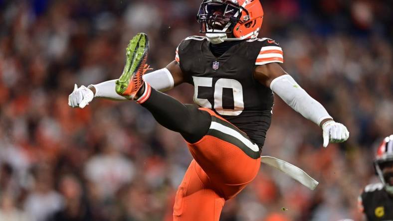 Sep 22, 2022; Cleveland, Ohio, USA; Cleveland Browns linebacker Jacob Phillips (50) celebrates after a sack of Pittsburgh Steelers quarterback Mitch Trubisky (not pictured) during the fourth quarter at FirstEnergy Stadium. Mandatory Credit: David Dermer-USA TODAY Sports