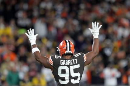 Browns defensive end Myles Garrett gets the crowd pumped up on third down during the second half against the Steelers, Thursday, Sept. 22, 2022, in Cleveland.

Brownssteelers 15