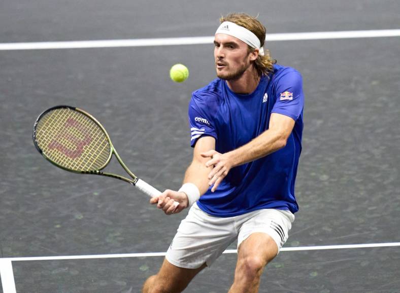 Sep 23, 2022; London, United Kingdom;  Stefanos Tsitsipas (GRE) plays a shot against Diego Schwartzman (ARG) in his Laver Cup Tennis match.  Mandatory Credit: Peter van den Berg-USA TODAY Sports