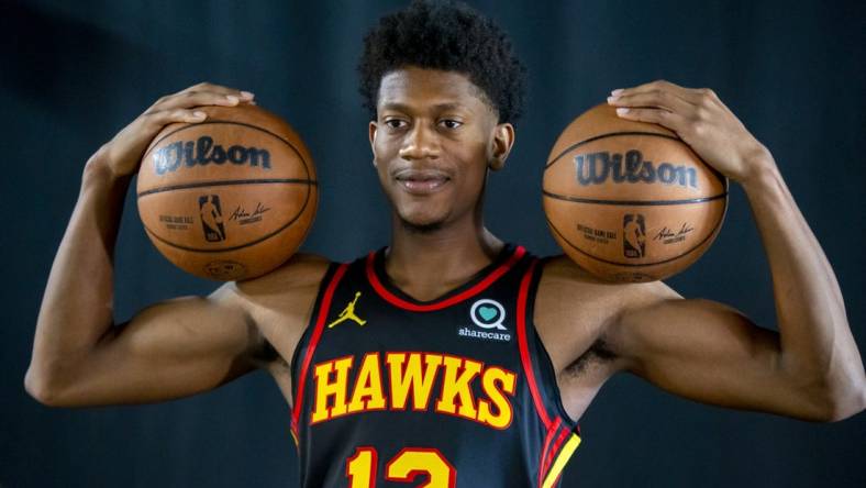 Sep 23, 2022; Atlanta, GA, USA; Atlanta Hawks forward De'Andre Hunter (12) poses for a photo at Hawks Media Day. Mandatory Credit: Brett Davis-USA TODAY Sports