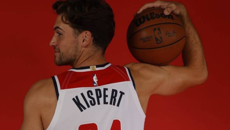 Sep 23, 2022; Washington, D.C., USA; Washington Wizards forward Corey Kispert (24) poses for a portrait during Wizards media day at Capital One Arena. Mandatory Credit: Geoff Burke-USA TODAY Sports