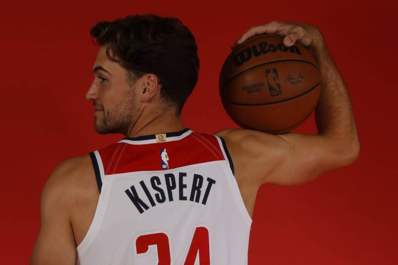Sep 23, 2022; Washington, D.C., USA; Washington Wizards forward Corey Kispert (24) poses for a portrait during Wizards media day at Capital One Arena. Mandatory Credit: Geoff Burke-USA TODAY Sports